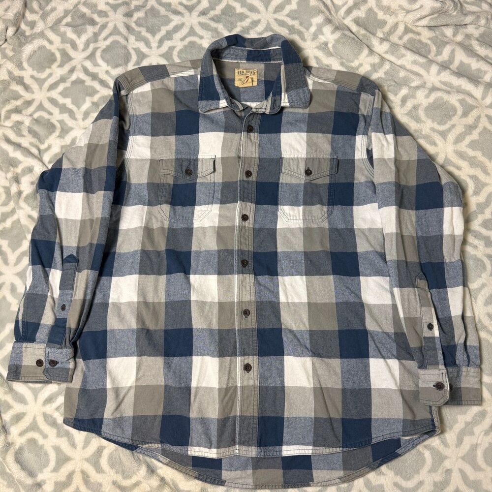 Red Head Brand Co Men's XL Blue Grey Buffalo Plaid Flannel Shirt Cotton